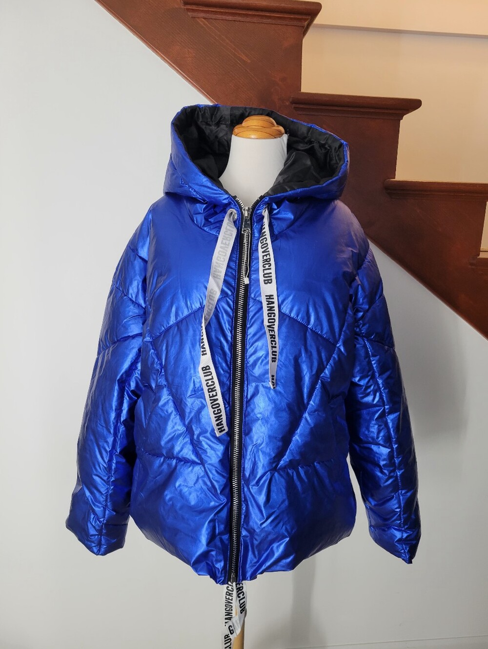 Hongsai Hangover Club Shiny Royal Blue Puffer Jacket with Hood Size XL Oversized